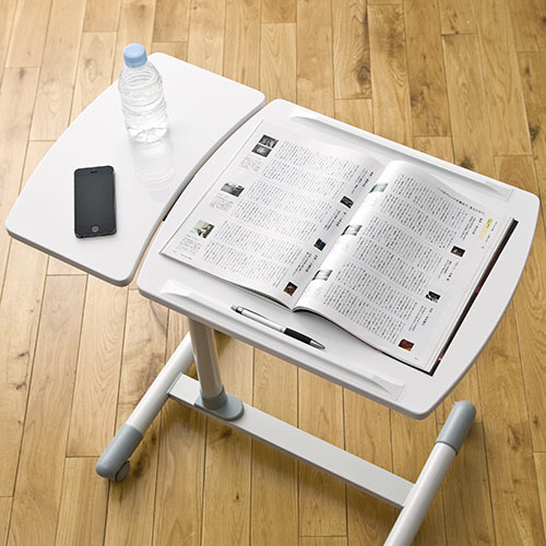 サイドテーブル（ベッド・ソファ・パソコン・高さ＆角度調整・テレワーク・在宅勤務・ホワイト） 100-DESK040