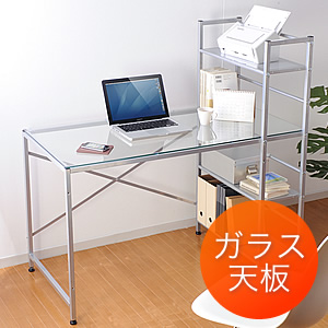 シェルフ付パソコンデスク（ガラス天板・クリア）100-DESK084Cの販売