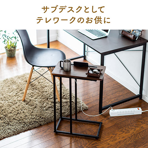 ソファーサイドテーブル ベッドサイドテーブル コの字型テーブル スマホ/タブレットスタンド 高さ63.5cm  ブラウン　木目調 100-DESKH034MK