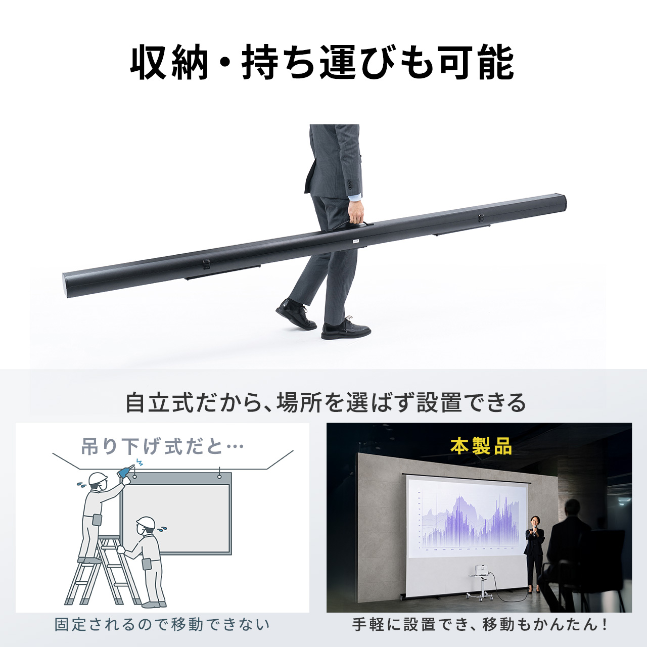 120インチの大画面を、必要な場所にすぐ設置。超短焦点・4K対応の自立