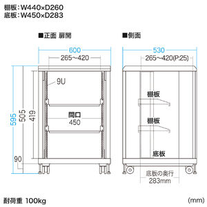 サーバーラック 19インチ 小型 9U ネットワーク機器収納ラック ルーター/NAS/ハブ/UPS 奥行53cm メッシュパネル 棚板×2枚付き  サンワサプライ製 100-SV004 |サンワダイレクト