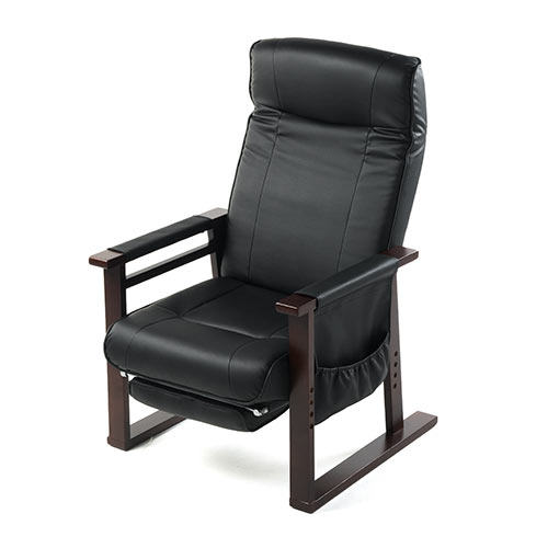 オットマン付き高座椅子 安楽椅子 PUレザー リクライニング ハイバック仕様 ヘッドレスト角度調整可能 サイドポケット付き 黒色 150-SNCH014