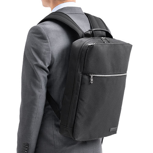 薄型 ビジネスリュック 防水カバー付き ブラック 薄マチ 通勤 スーツ用リュック 200-BAGBP024BK