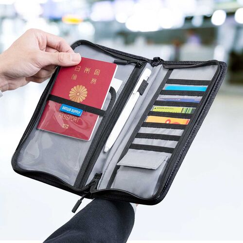 パスポートケース スキミング防止 トラベルオーガナイザー 13ポケット 航空券対応 Lサイズ ブラック 200-BAGIN032BK