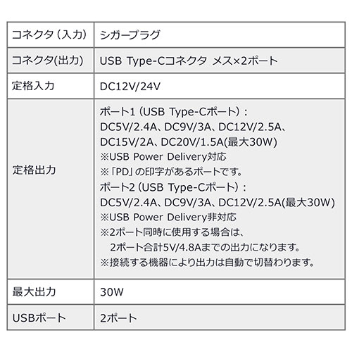 カーチャージャー USB Type-C×2 USB PD30W 5V/2.4A シガーソケット USB 充電器 200-CAR088C