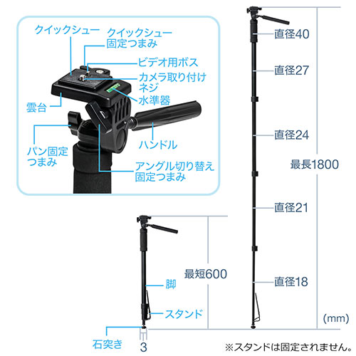 カメラ一脚 自由雲台つき 4段伸縮 レバーロック式 200-DGCAM016