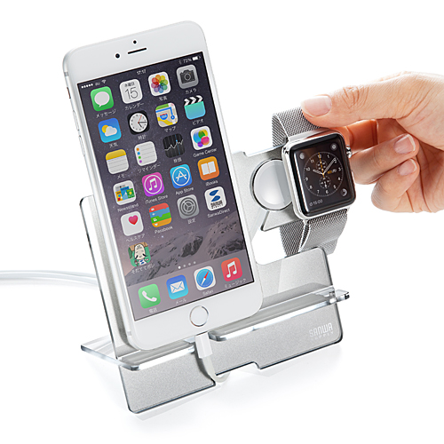 Apple Watch/iPhone用充電スタンド（充電クレードル・クリア×シルバー