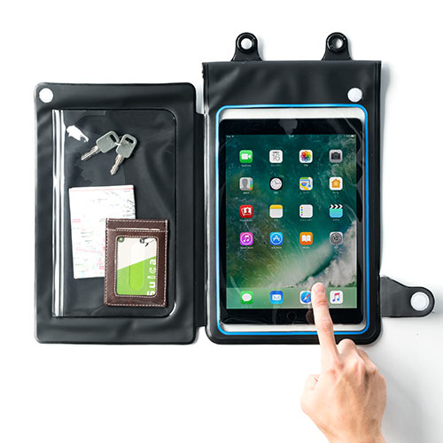 iPad・タブレット対応 小物ポケット付き防水ケース（10.5インチまで対応・ストラップ付属・防水ポーチ・小銭/カード収納対応・IPX7） 200-TABC009