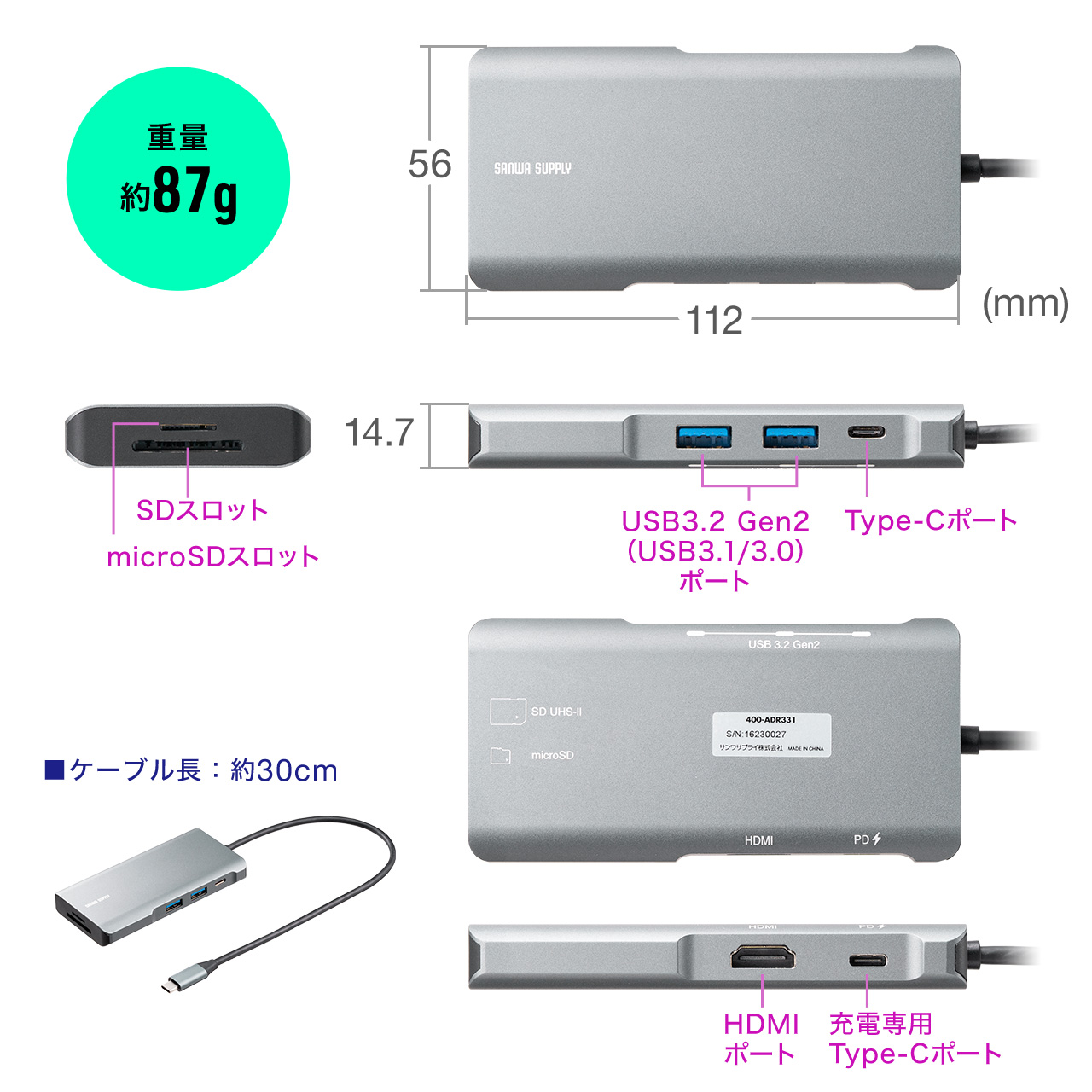 USB Type-Cモバイルドッキングステーション ロングケーブル 7in1 4K