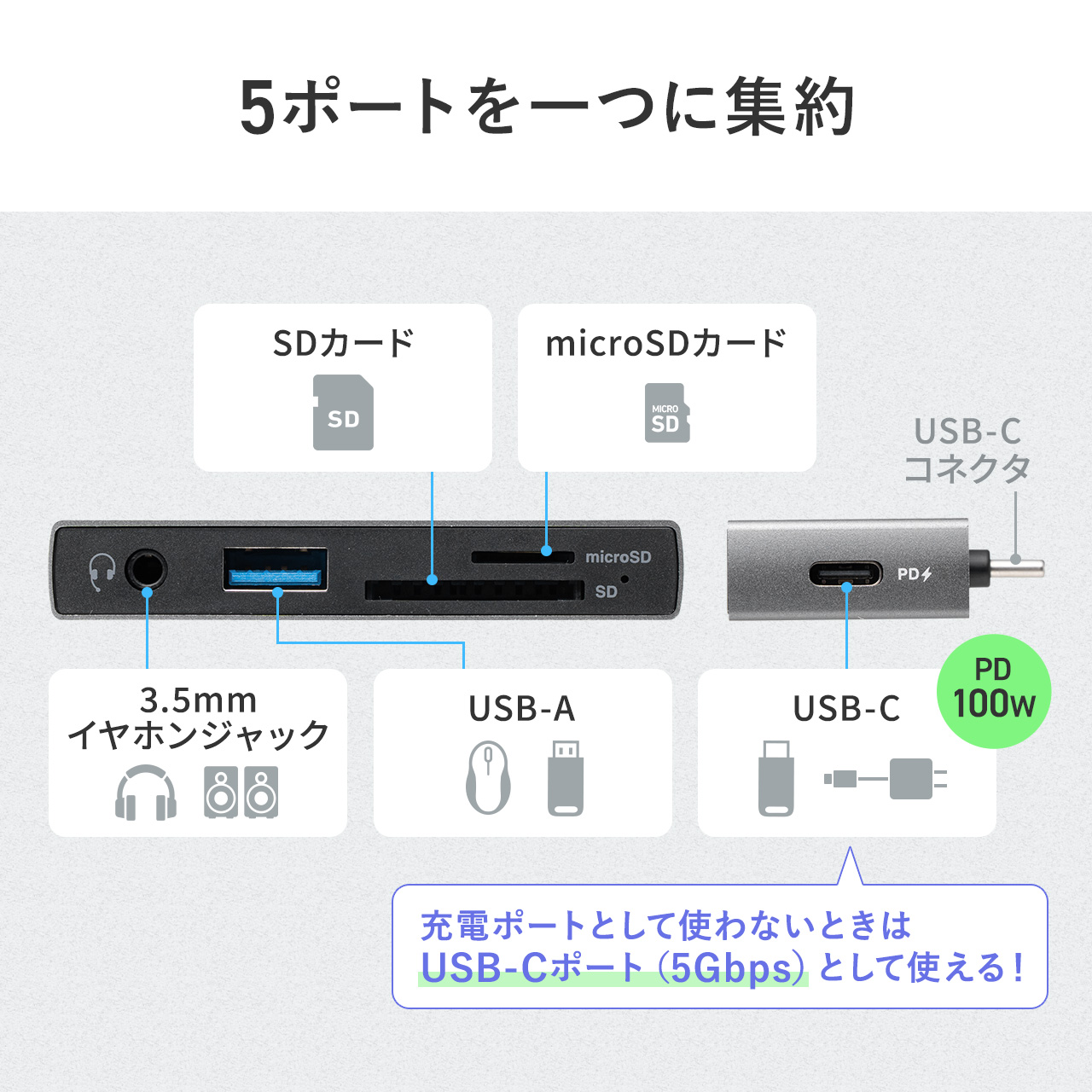 USB-C nu 5-in-1 PD100W [d SD microSD J[h[_[ CzWbN USB-A|[g 5Gbps iPhone iPad X}z ^ubg A~ 400-ADR339GM