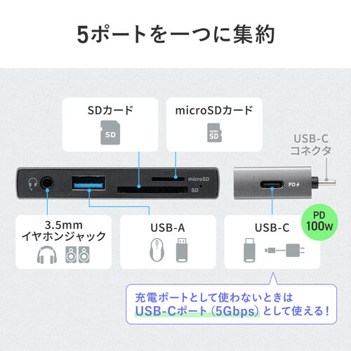 USB-C nu 5-in-1 PD100W [d SD microSD J[h[_[ CzWbN USB-A|[g 5Gbps iPhone iPad X}z ^ubg A~ 400-ADR339GM