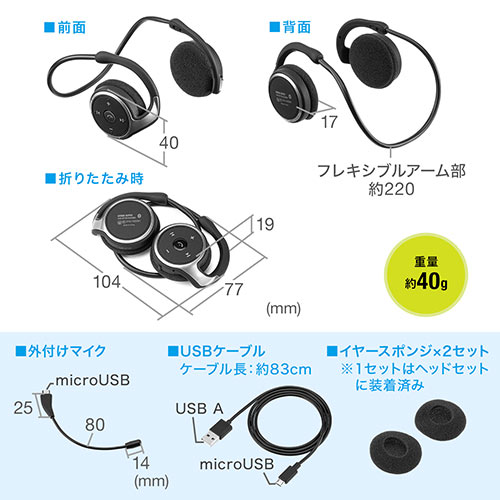【オフィスアイテムセール】ネックバンド型 Bluetoothヘッドセット 軽量 外付けノイズキャンセルマイク付き 折りたたみ式 テレワーク