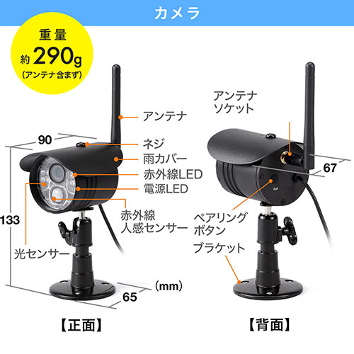 ワイヤレスカメラ＆モニターセット（防水屋外カメラ・ワイヤレスカメラ1台セット・録画対応・SD/USBメモリー接続対応） 400-CAM055-1