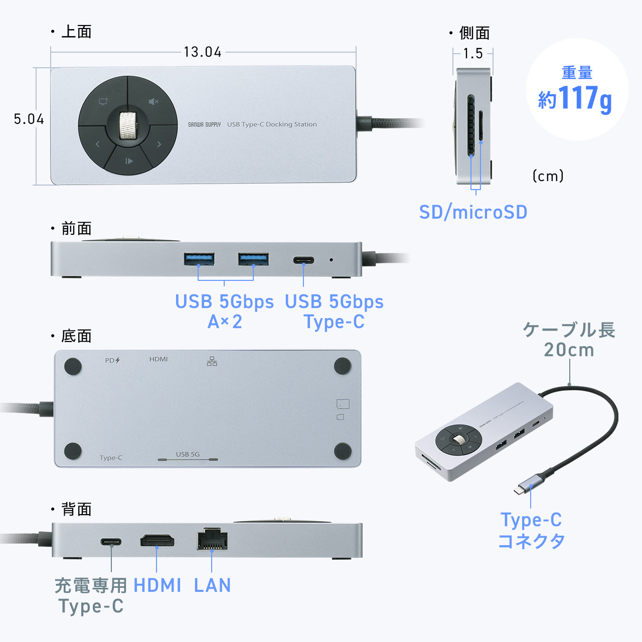 hbLOXe[V fBARg[[t USB-Cڑ HDMI 4K USB PD100W J[h[_[ USB 5Gbps P[u20cm hCosv 400-DKM1GM