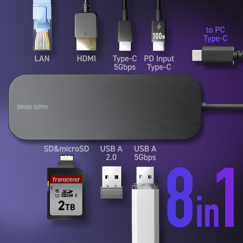 yVi|Cg10{zUSB-C oChbLOXe[V 8-in-1 HDMI 1 PD100W }[d SD/microSDJ[h[_[ LLAN USB-A 4K 5Gbps 400-DKM2BK
