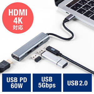 【10%OFFクーポン 6/30迄】USB Type-C ドッキングステーション モバイルタイプ PD 60W対応 4K対応 4in1 HDMI Type-C USB3.0 USB2.0