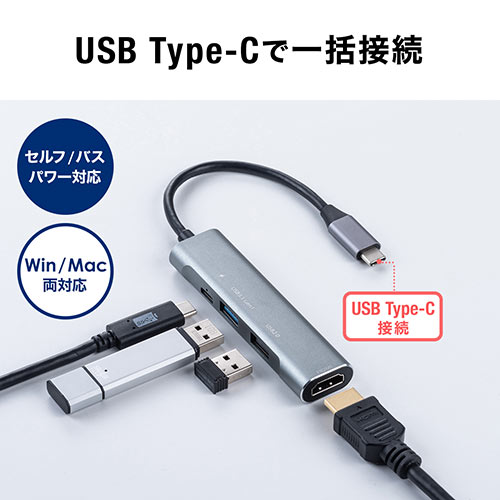 USB Type-C ドッキングステーション モバイルタイプ PD/60W対応 4K対応 4in1 HDMI Type-C USB3.0 USB2.0 ガンメタリック 400-HUB086GM