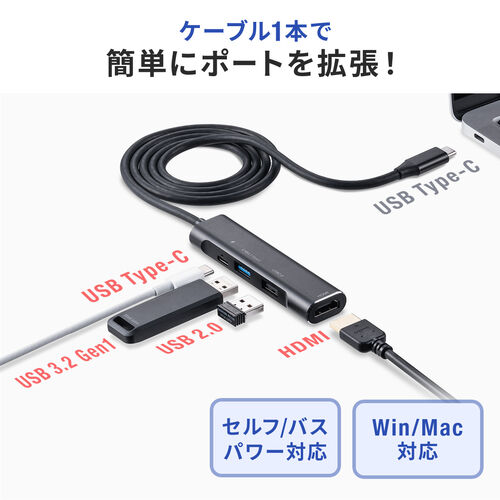 USB Type-C hbLOXe[V oC^Cv PD/60WΉ 4KΉ 4in1 HDMI Type-C OP[u P[u1m 400-HUB086LBK