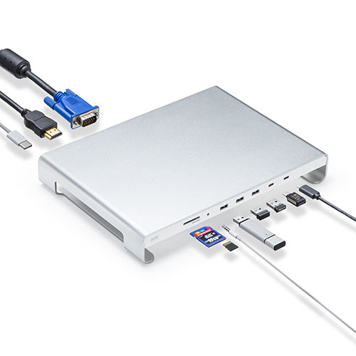 USB Type-Cドッキングステーション（11in1・アルミニウムスタンド・4K対応・HDMI/VGA出力・SD/microSDカードリーダー・3.5mm4極ステレオミニジャック・PD 100W ） 400-HUB089S
