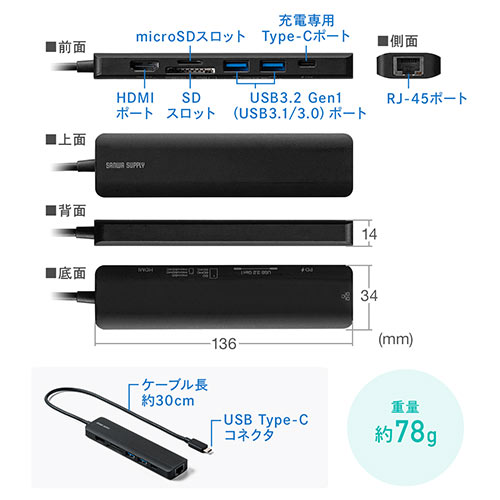 【10%OFFクーポン 6/30迄】USB Type-Cモバイルドッキングステーション ロングケーブル 7in1 4K 60Hz対応 HDMI出力 SD microSDカードリーダー