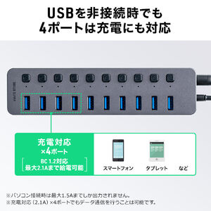 USBハブ 10ポート ACアダプタ付 USB充電器 個別スイッチ付 USB3.2/5Gbps 400-HUBA23GM | 通販ならサンワダイレクト