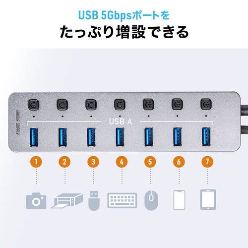 USBnu 7|[g ACA_v^t USB[d Ztp[ ʃXCb`t USB3.2/5Gbps RpNg USB A ڑ O[ 400-HUBA32GM