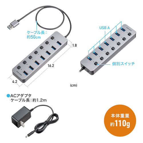 USBnu 7|[g ACA_v^t USB[d Ztp[ ʃXCb`t USB3.2/5Gbps RpNg USB A ڑ O[ 400-HUBA32GM