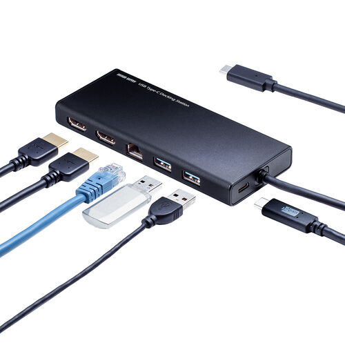 USB Type-Cドッキングステーション  ハブ 2画面出力 トリプルディスプレイ HDMI 2ポート 4K/30Hz PD60W LAN ブラック 400-HUBC099BK