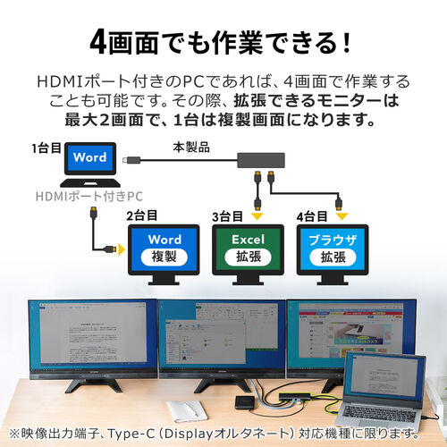 USB Type-Cドッキングステーション  ハブ 2画面出力 トリプルディスプレイ HDMI 2ポート 4K/30Hz PD60W LAN ブラック 400-HUBC099BK