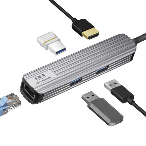【ビジネス応援セール】USBハブ HDMI出力対応 小型 ドッキングステーション LANポート USB A ×3 アルミ素材 ケーブル長50cm 400-HUBC13GM