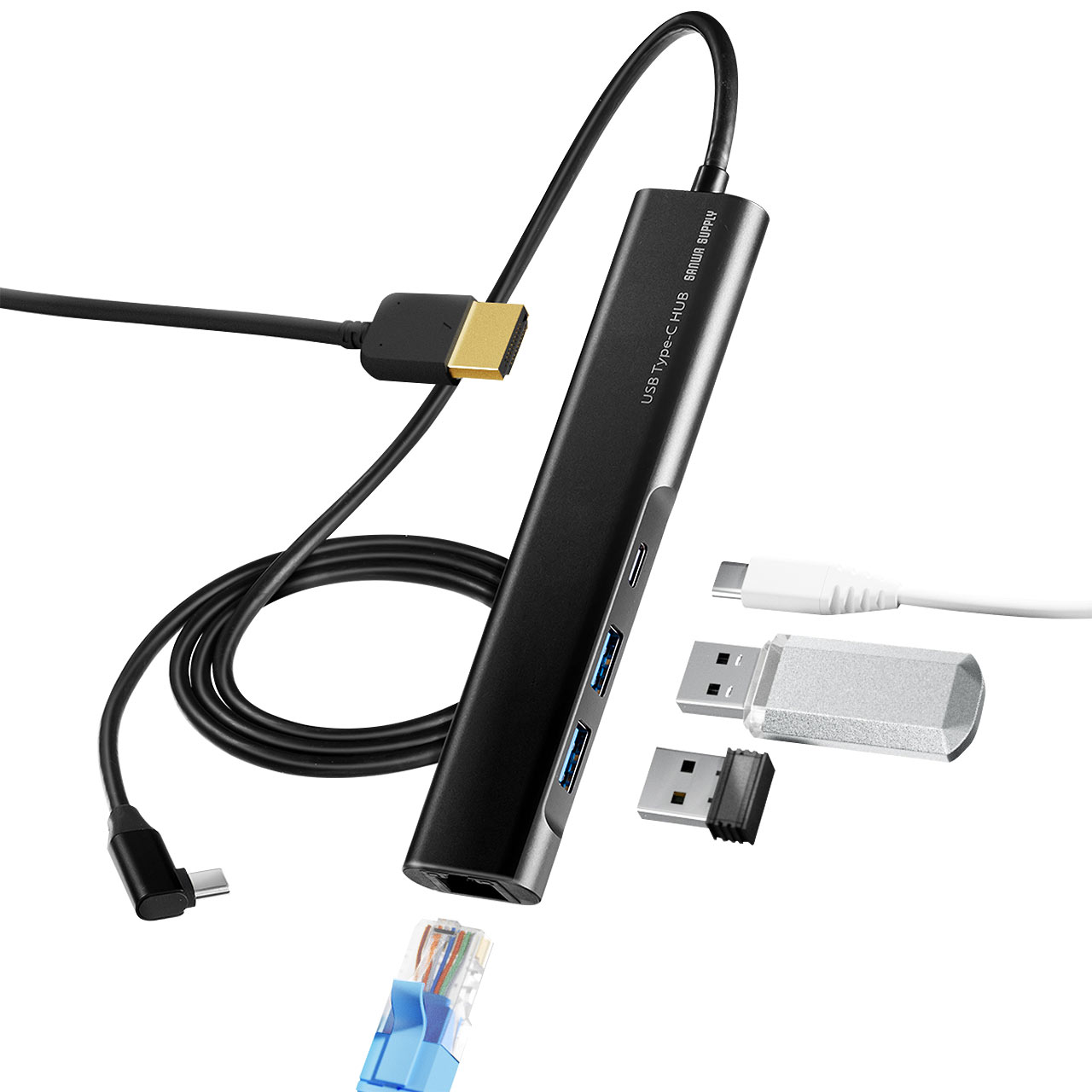 ドッキングステーション USB-C HDMI 4K L字が使いやすい ケーブル長1m  有線LAN対応 モバイルドッキングステーション 400-HUBC8BK