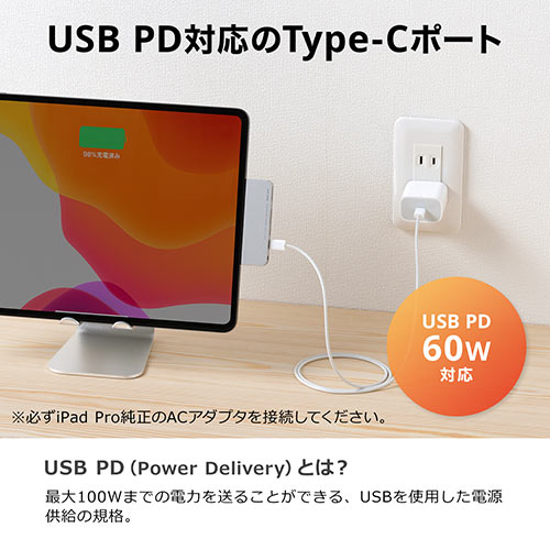 USB Type-C nu iPad Pro /iPad Air4 PD[d/60WΉ 5in1 HDMI/4KΉ CzWbN SD/microSDJ[h 400-HUBIP086
