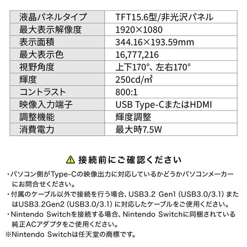 モバイルモニター 15.6インチ フルHD IPS 非光沢 アンチグレア USB Type-C HDMI入力 スタンド付き 400-LCD002