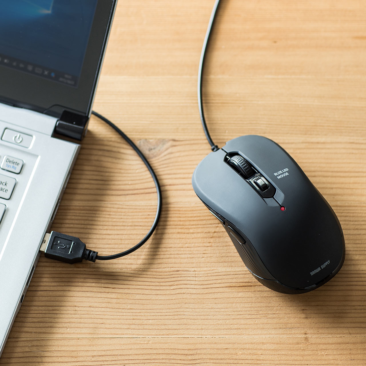【ビジネス応援セール】有線マウス USB Aコネクタ 高感度 ブルーLEDセンサー 5ボタン カウント切替 ブラック 400-MA096