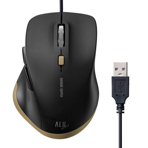 有線マウス USB A 小型 5ボタン 戻る進む アルミホイール 静音 ALUmini ブラック 400-MA159BK2