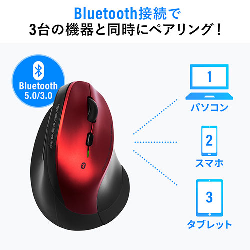 Bluetoothエルゴマウス 静音ボタン 乾電池式 マルチペアリング カウント切り替え レッド 400-MABT102R