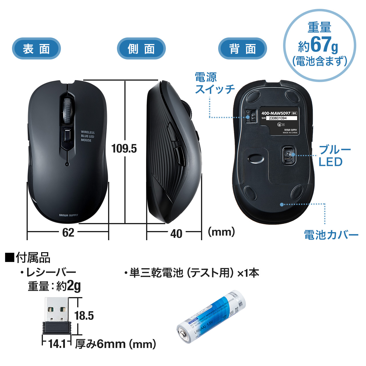 ワイヤレスマウス 静音 5ボタン 2.4GHz 無線 マウス Type-A レシーバー DPI切替え ラバーコーティング 多ボタン コスパ レッド 400-MAWS097R