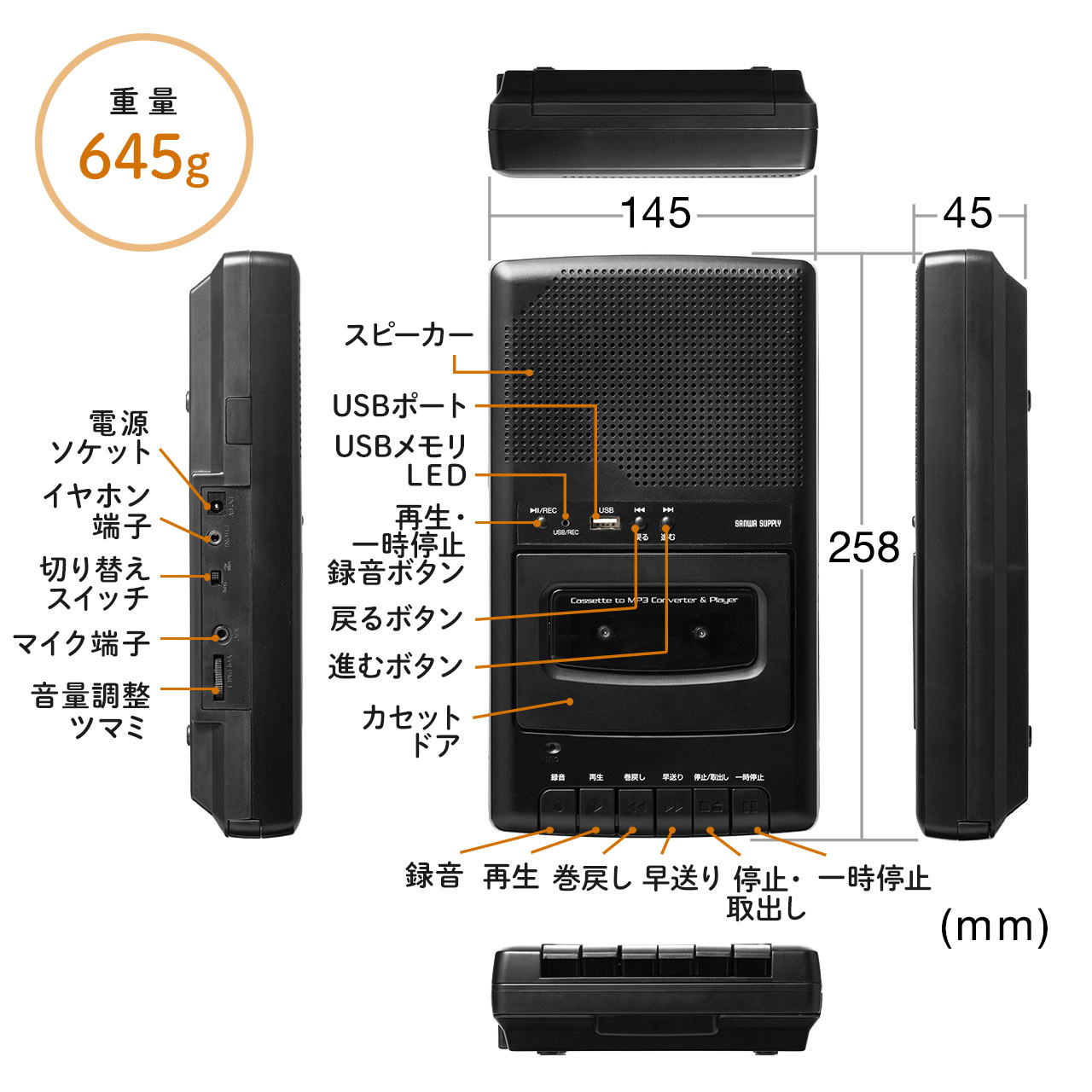 カセットテープ変換プレーヤー USBメモリー保存 カセットプレーヤー 乾電池 AC電源 400-MEDI033