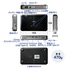 モバイルプロジェクター USB Type-C 400ANSIルーメン 720p HDMI入力 