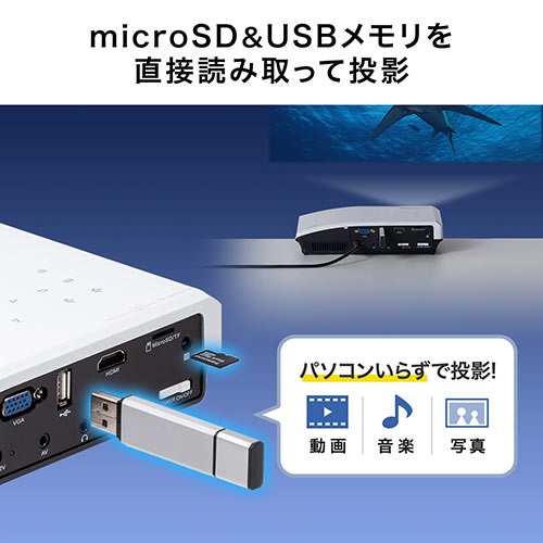 プロジェクター(小型・500ルーメン・HDMI・VGA対応・USB・microSD対応