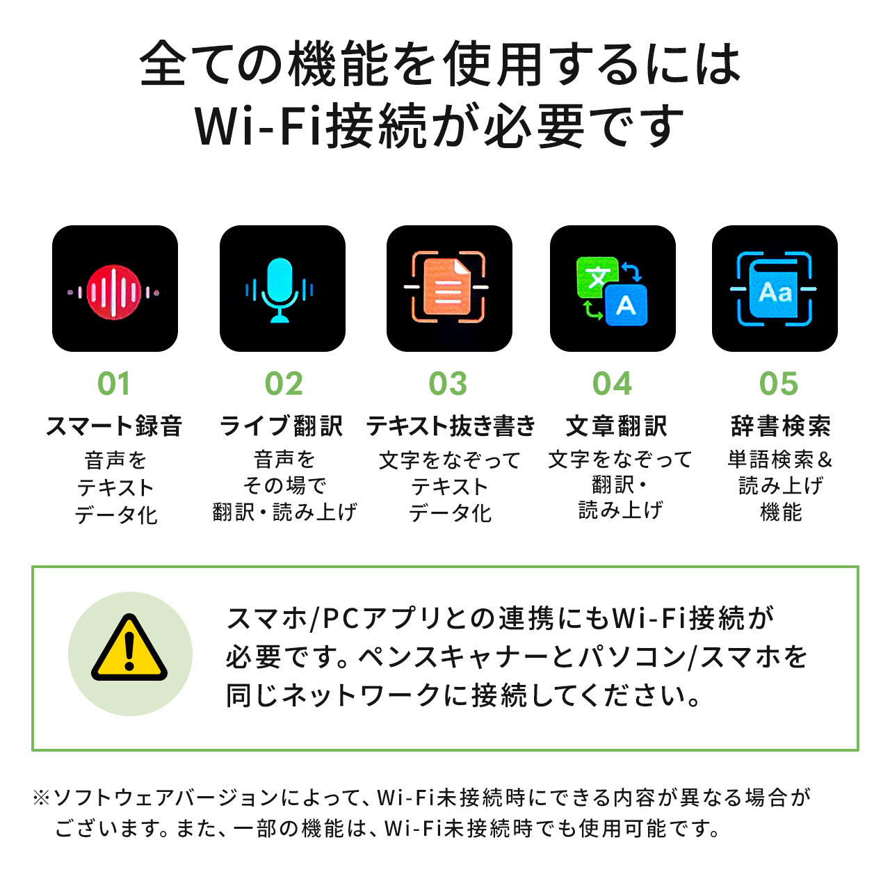 ペン型スキャナ 翻訳 音声翻訳 録音 ボイスレコーダー 文字起こし テキストデータ化 OCR 内蔵メモリ8GB USB充電式 タッチパネル Wi-Fi Windows Mac iOS Android 400-SCN060