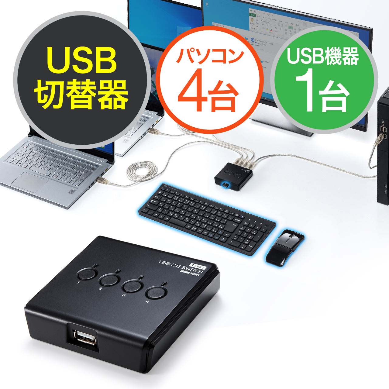 Usb切替器 4台用 手動 Usb2 0 プリンタ 外付けhdd ワイヤレスキーボード マウス対応 400 Sw021の販売商品 通販ならサンワダイレクト