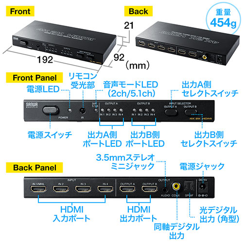 HDMIマトリックス切替器 4入力2出力 4K/30Hz対応 光 同軸デジタル音声端子つき 400-SW027