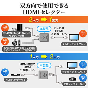 双方向HDMI切替器 2入力1出力 1入力2出力 4K/30Hz対応 HDMIセレクター 400-SW028の販売商品 | 通販ならサンワダイレクト