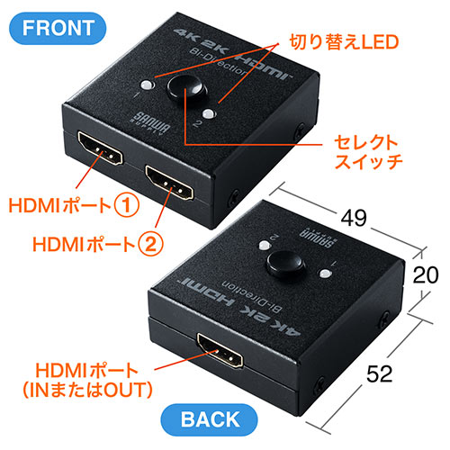 HDMIセレクター（4K・30Hz・2入力1出力・1入力2出力・双方向・HDMI切替器・在宅勤務・テレワーク）