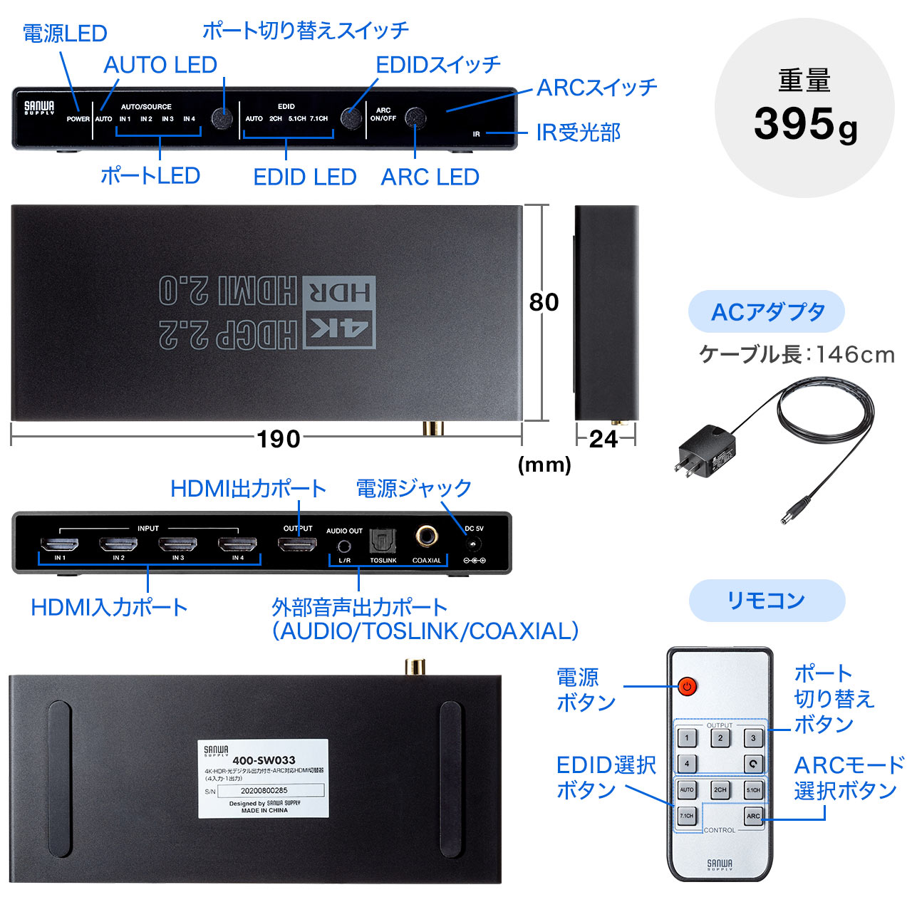 HDMI切替器 4K/60Hz HDR対応 4入力1出力 光デジタル 同軸デジタル端子 
