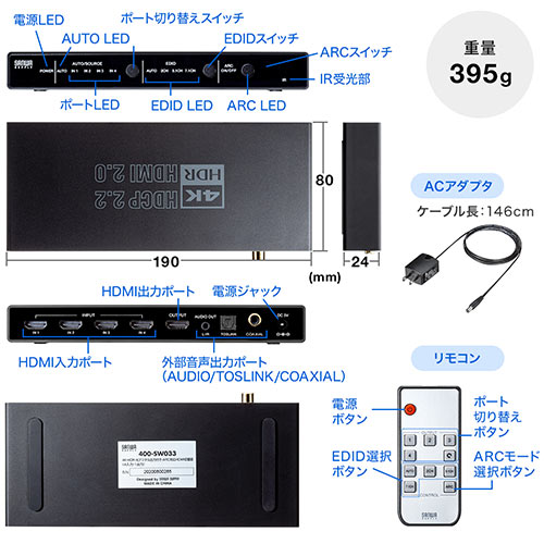 HDMI切替器(4K・60Hz・HDR・HDCP2.2・光デジタル・ARC・4入力1出力・セレクター・リモコン付き・PS5対応）