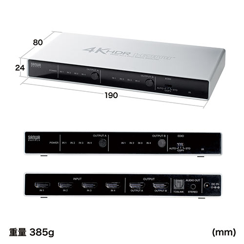 HDMIマトリックス切替器 4入力2出力 4K/60Hz HDR HDCP2.2 光デジタル