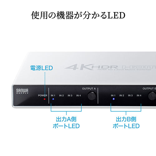 HDMIマトリックス切替器 4入力2出力 4K/60Hz HDR HDCP2.2 光デジタル
