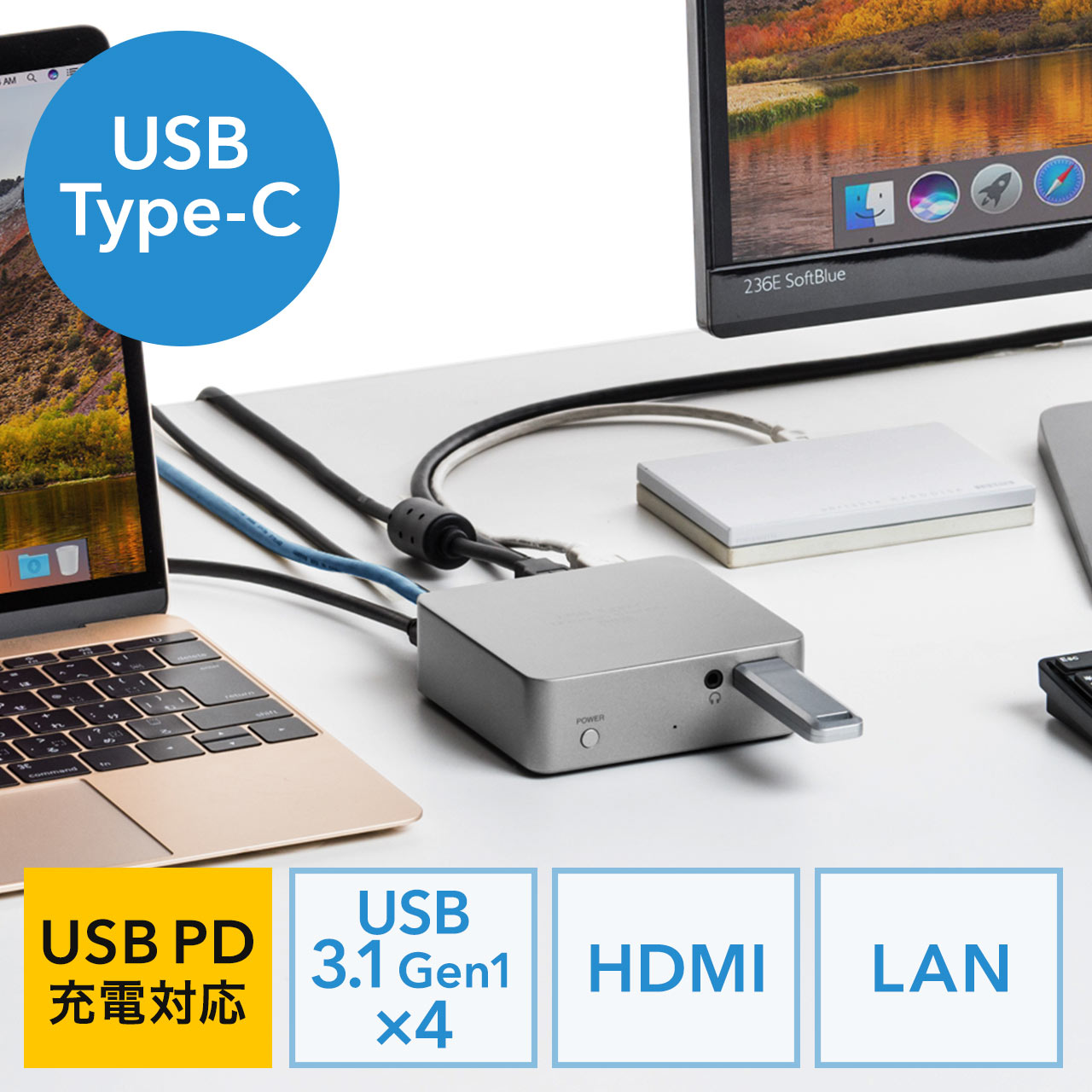 USB Type-C ドッキングステーション 据え置きタイプ PD/60W対応 4K対応 7in1 HDMI USB3.0×4 LAN  3.5mmイヤホンジャック テレワーク リモート 在宅勤務 400-VGA015
